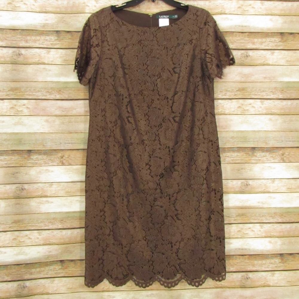 Lauren Ralph Lauren Crew Neck Floral Brown/Gold Print Dress 12